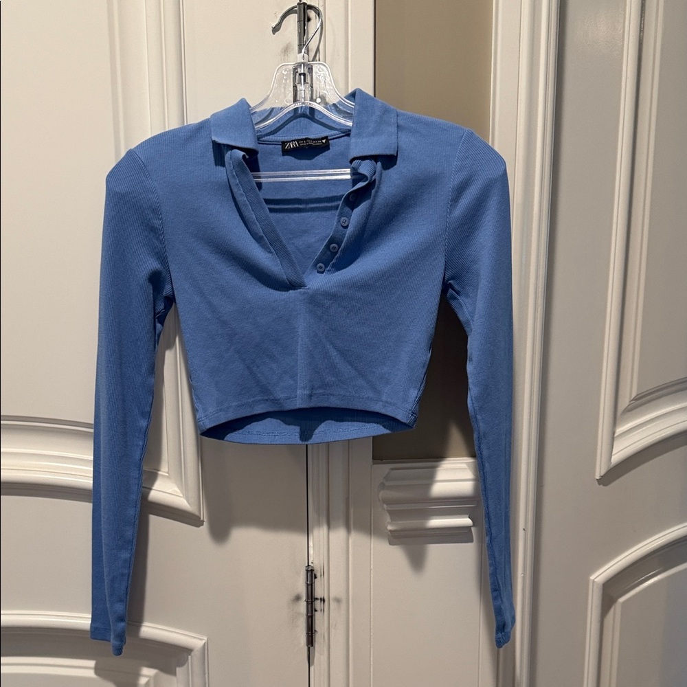 Zara Periwinkle Cropped Long-Sleeve Polo Top